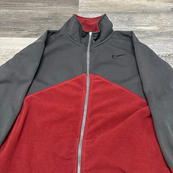 Nike Therma Fit Gray Red Mens XL Full Zip Swoosh Embroidered Color Block Hoodie - Picture 2 of 8